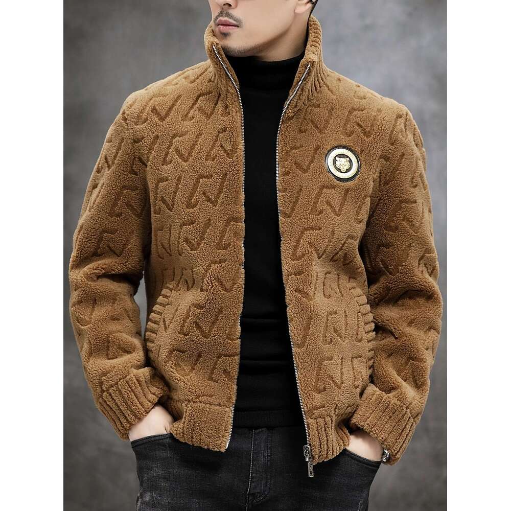 Men's Faux Fur-Lined - Casual Business Style, Warm Slim Fit, Full-Zip With And Ribbed Cuffs For Fall/Winter, Autumn Outerwear Stand Collar Jacket