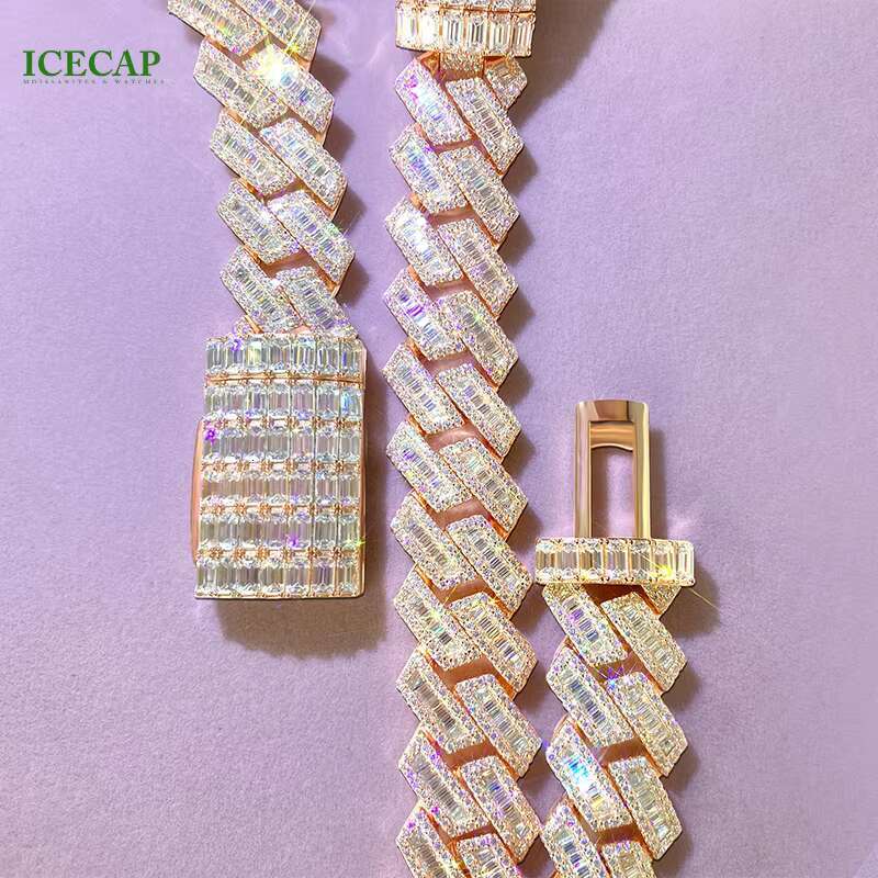 Heavy Solid 925 Silver Rose Gold Trapezoid Cuban Chain Necklace Moissanite Diamond Bracelet for Rapper HipHop Cuban Link Chain