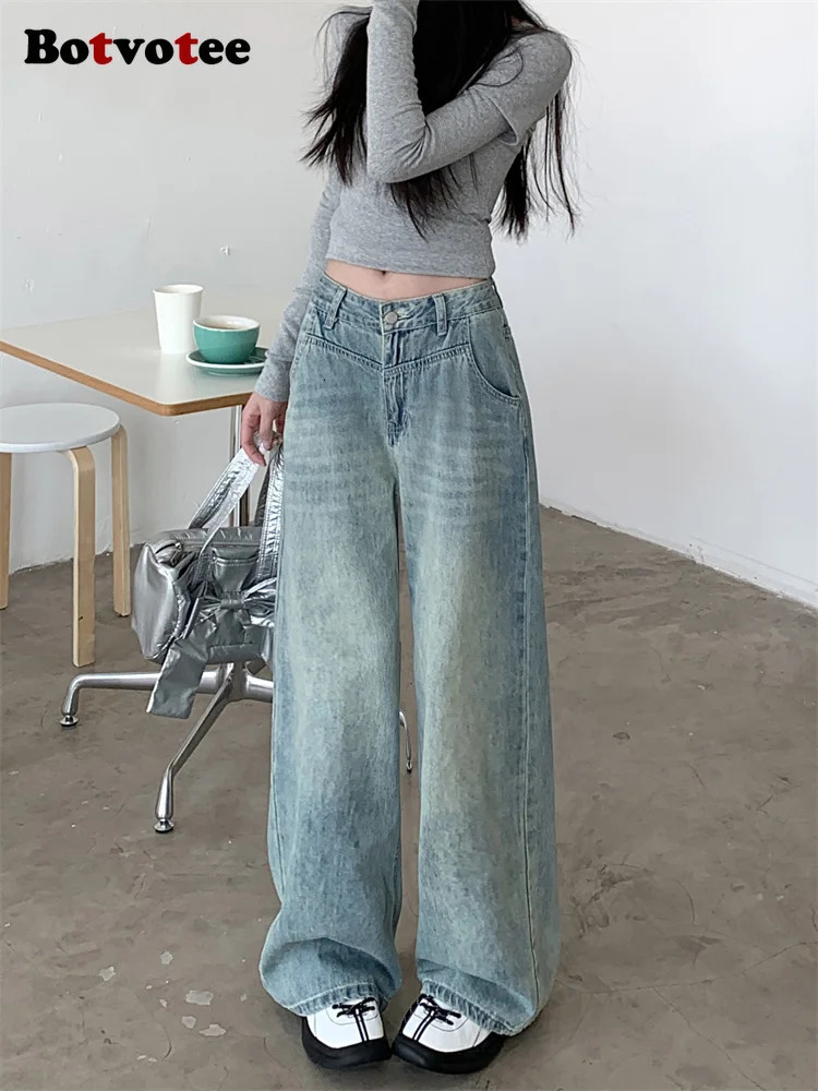 Botvotee grab grain burlap bag jeans for womens springsummer Korean fashion wide leg high waist blue denim 250403