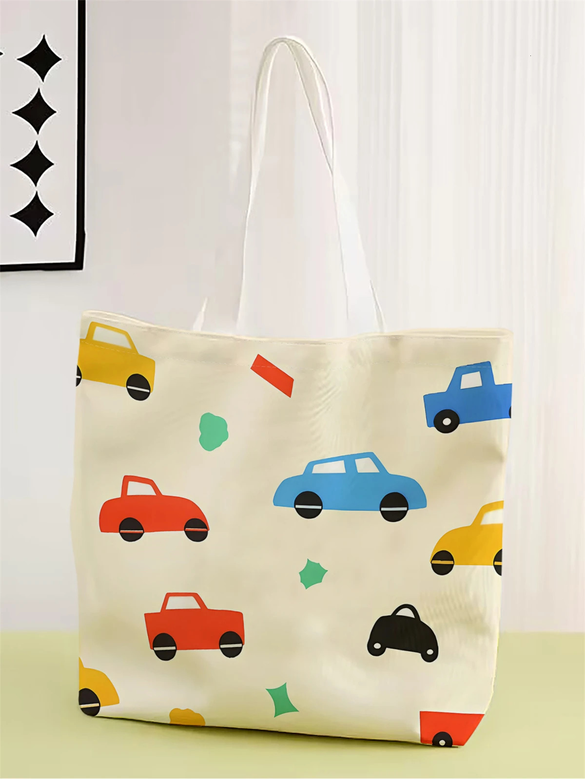 1 piece mini cartoon car handbag reusable fashionable multifunctional printed canvas shopping bag 250401