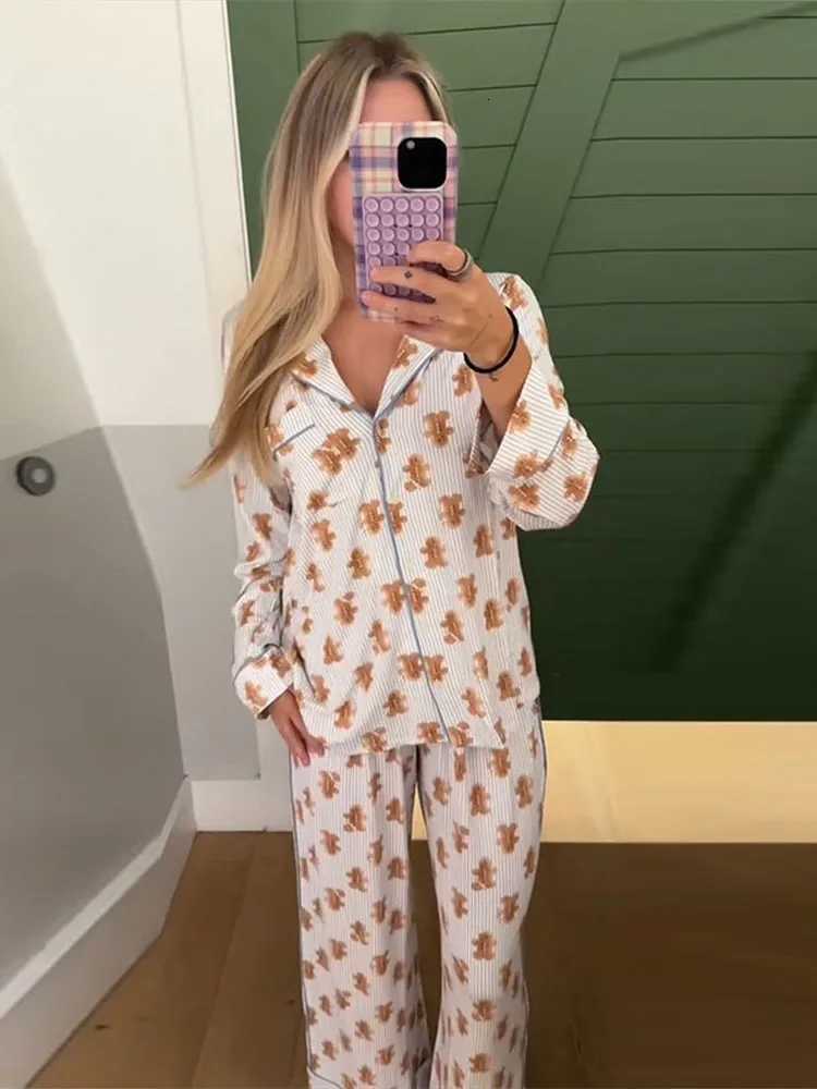 Print Pajama Skirt Pant Loose Two Piece Suit Lapel Neck Full Sve Top Empire Waist Pant Set 2025 Female Christmas Outerwear W251104