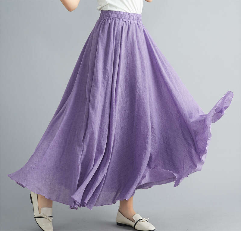 Mori Girl Artistic Plus Size Cotton Elastic Waist Linen A-Line Long Solid Color Ethnic Style Flared Skirt B5