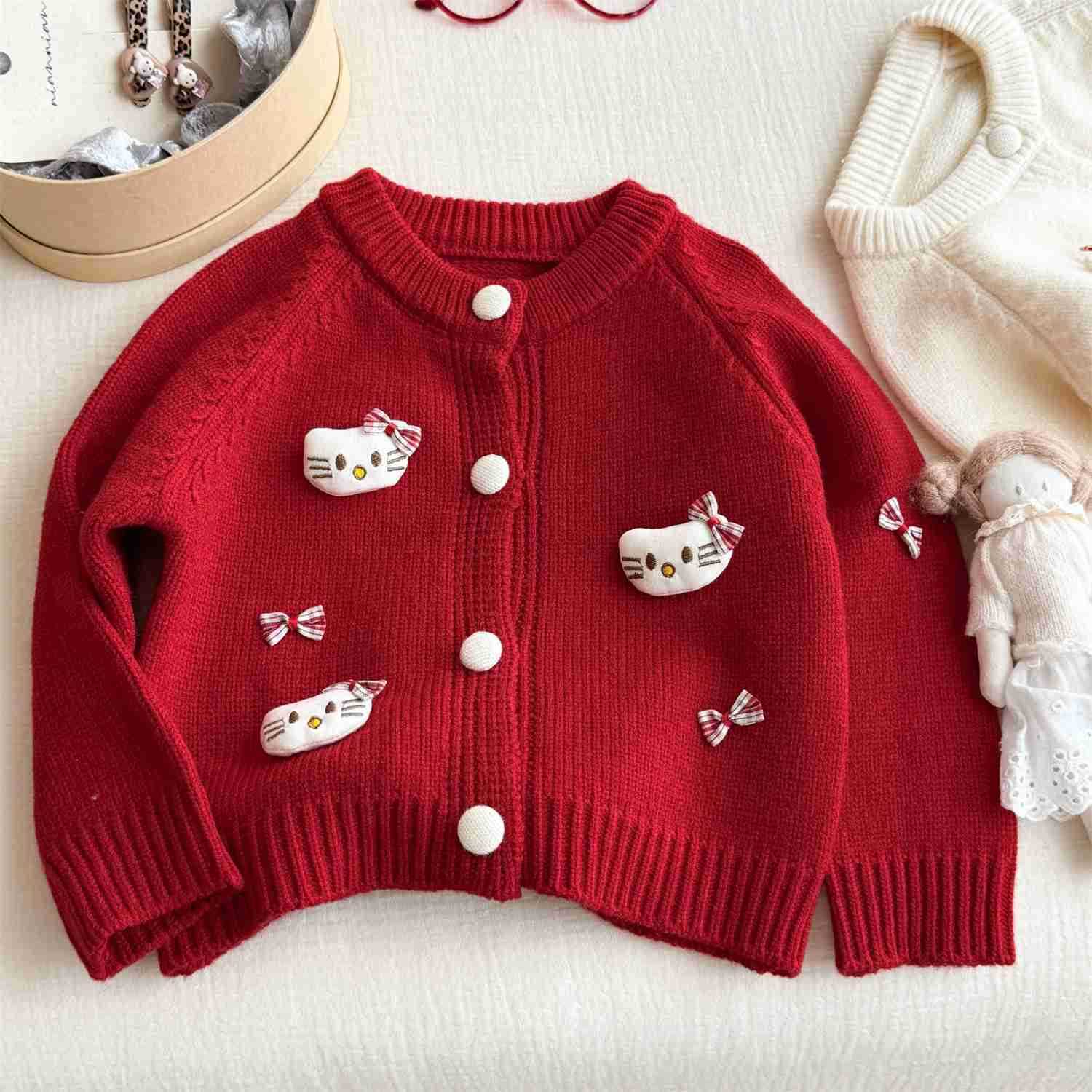 Sanrio Tongxing Round Girl Cardigan Autumn Winter New 3D KT Cat Sweatshirt Girl Knitted Cardigan Jacket Trendy Style H251105