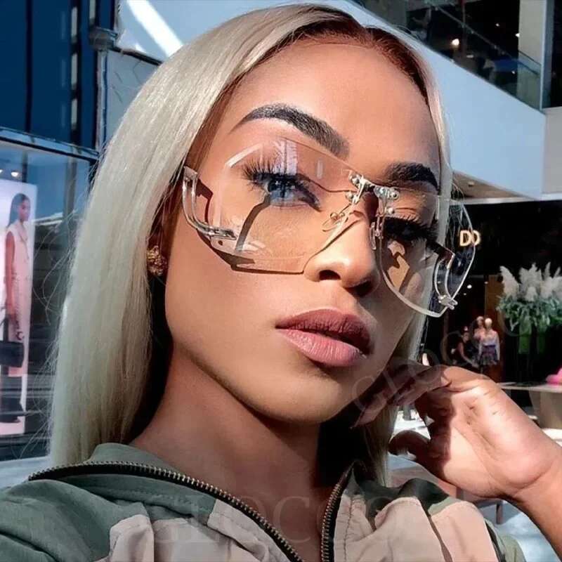 Transparent Rimless Sunglasses Brand Designer Large Irregular Cutting Lens Gradient Sun Glasses For Women Fashion 2025