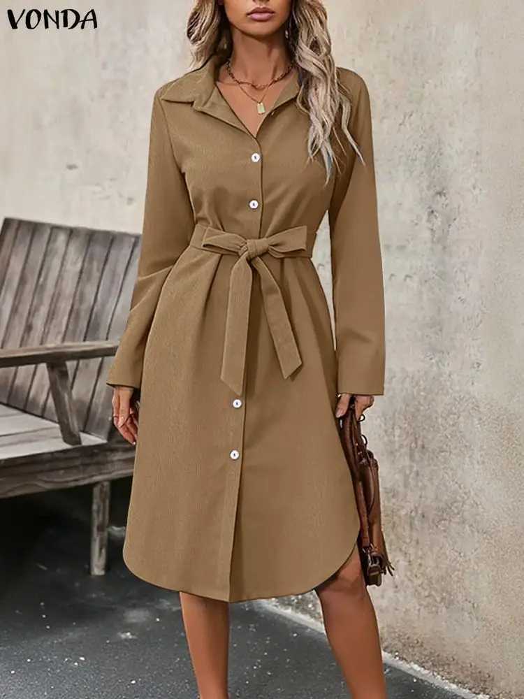Plus Size 5XL VONDA Women Elegant Corduroy Dresses 2025 Autumn Long Sleeve Solid Midi Vestidos Casual Streetwear Party Robe J251105
