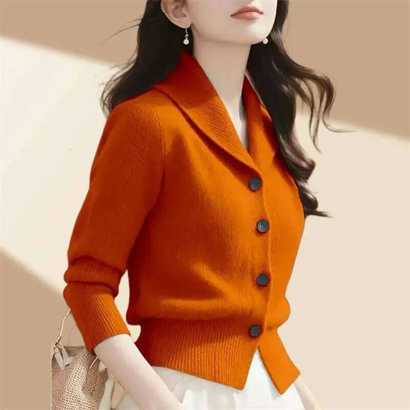 2025 New Spring Autumn Women Sweaters Elegant Solid Color Lapel Long Sleeved Knitted Cardigan Jacket Korean Female Knitwear Tops Designer Sweater Bear