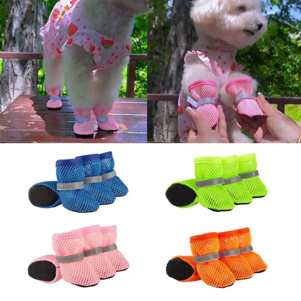 4Pcs/set Mesh Breathable Dog Shoes Non-slip Puppy Casual Shoes Spring Summer Dog Shoes Comfortable Teddy Shoes 250402