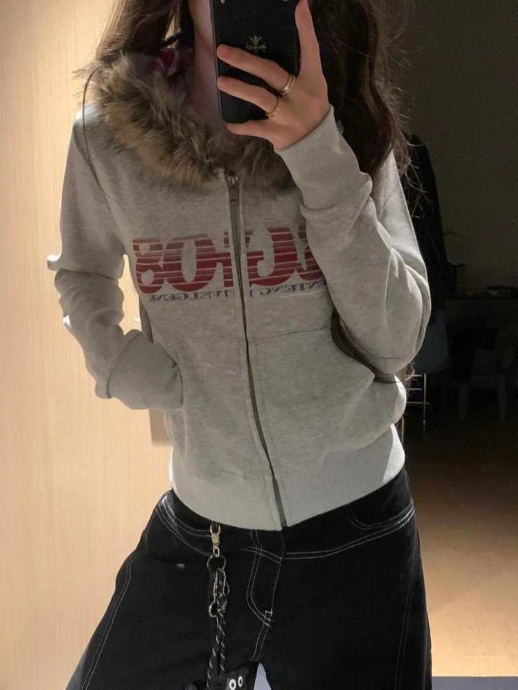 Women American Vintage Letter Print Jacket Antumn Winter Y2K Harajuku Faux Fur Hooede Hoodie Sweet Fashion Hot Girl SweatshirtT251105