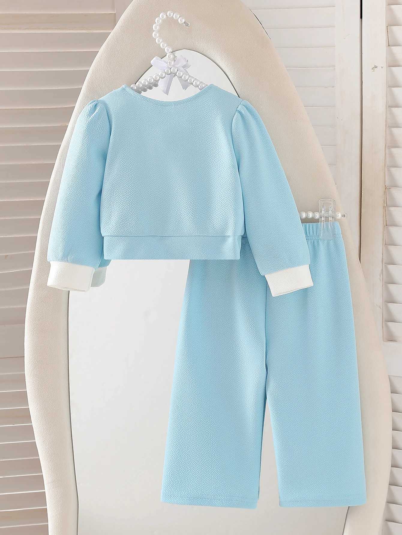 Baby girl autumn elegant style two-piece set light blue small fragrance butterfly bow top same color pants Y251105
