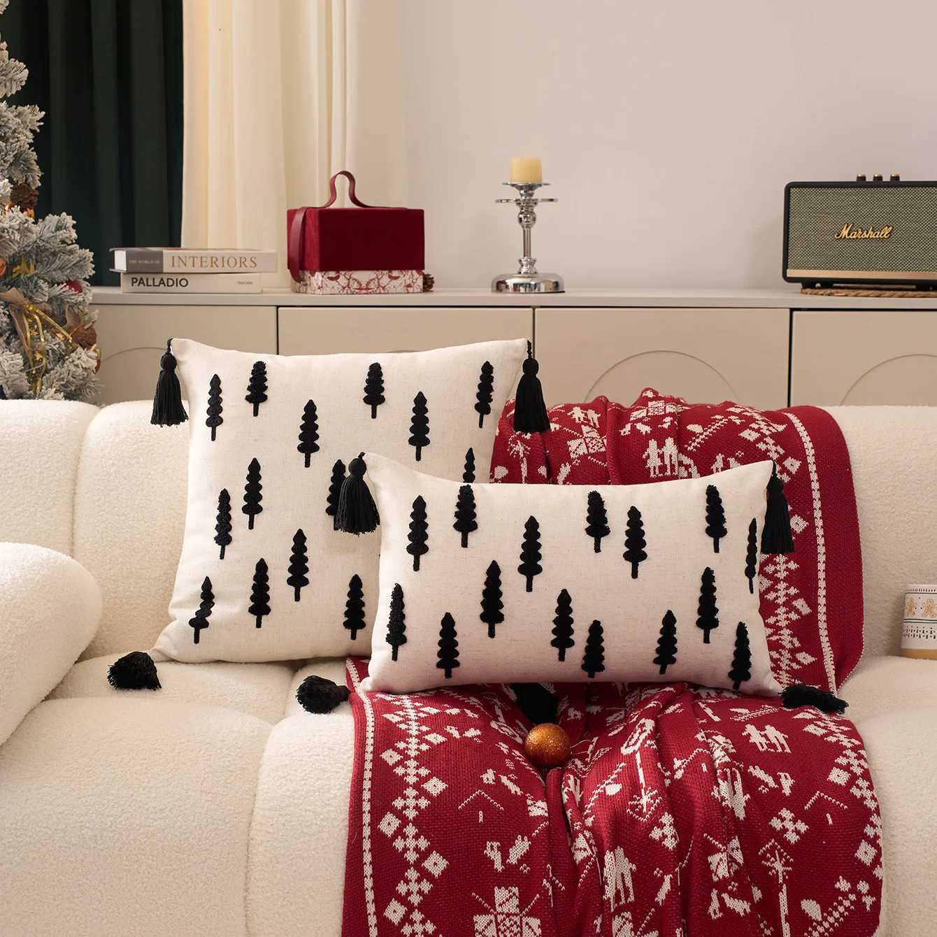 1PCS Black And White Christmas Tree Embroidered Canvas Pillow Cover Hanging Ear Design Decorative Cushion Cover for Holiday Home Y251105