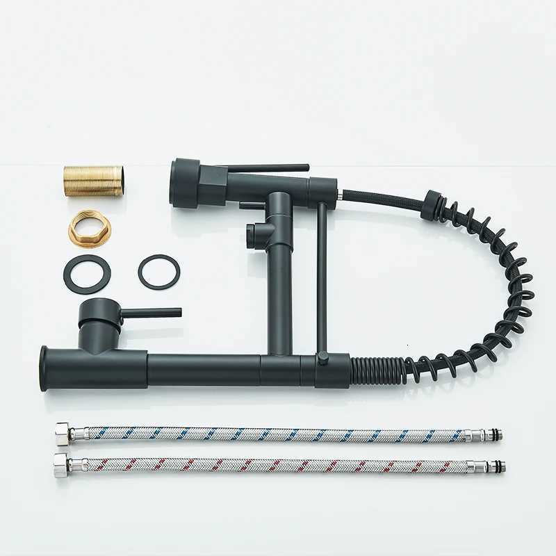 Rozin Black Spring Pl Down Kitchen Sink Faucet Deck Mounted Dual Spout Hot Cold Water Mixer Tap CraneSingle HandleSUS 304 Y251104