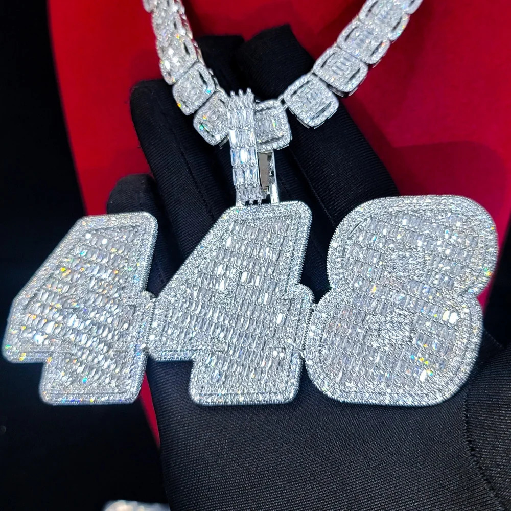 Custom Ice Number Word Pendant Chain Icy Baguettecz Letter Necklace Solid Back Laser Engraving Personalized His Birthday Gifts 251105