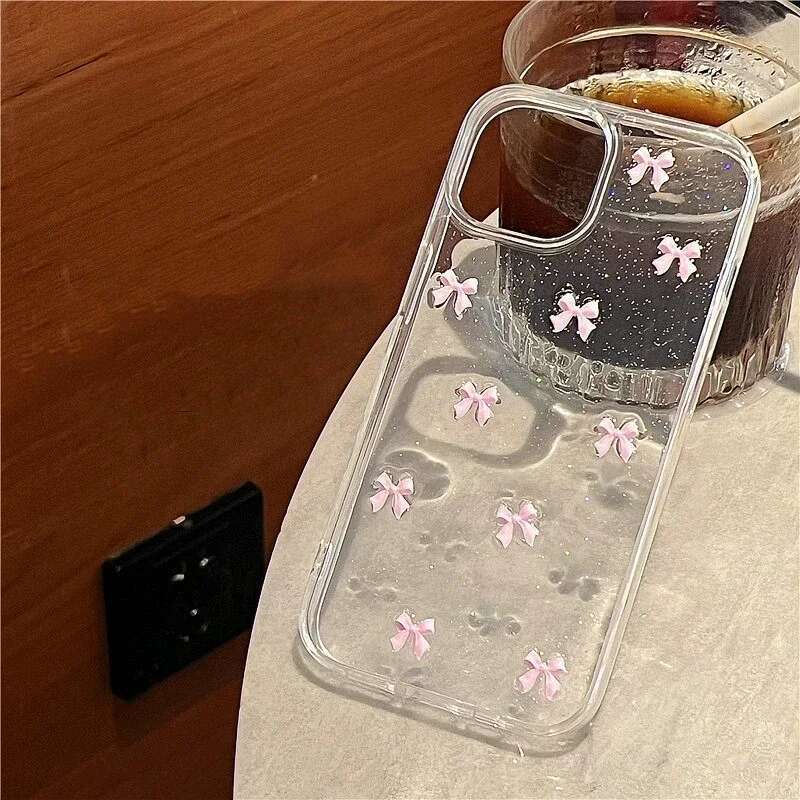 Cute Korea Girl Pink Bowknot Phone Case For iPhone 16 15 14 13 12 11 Pro Max X XS XR 7 8 Plus 16E Clear Soft Shockproof Cover
