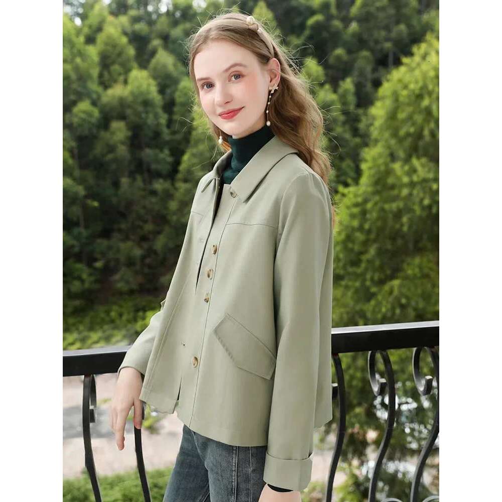 Grey Green Short Jackets Fall Clothes Women Office Lady Basics Casual Turn-Down Collar Solid Coat