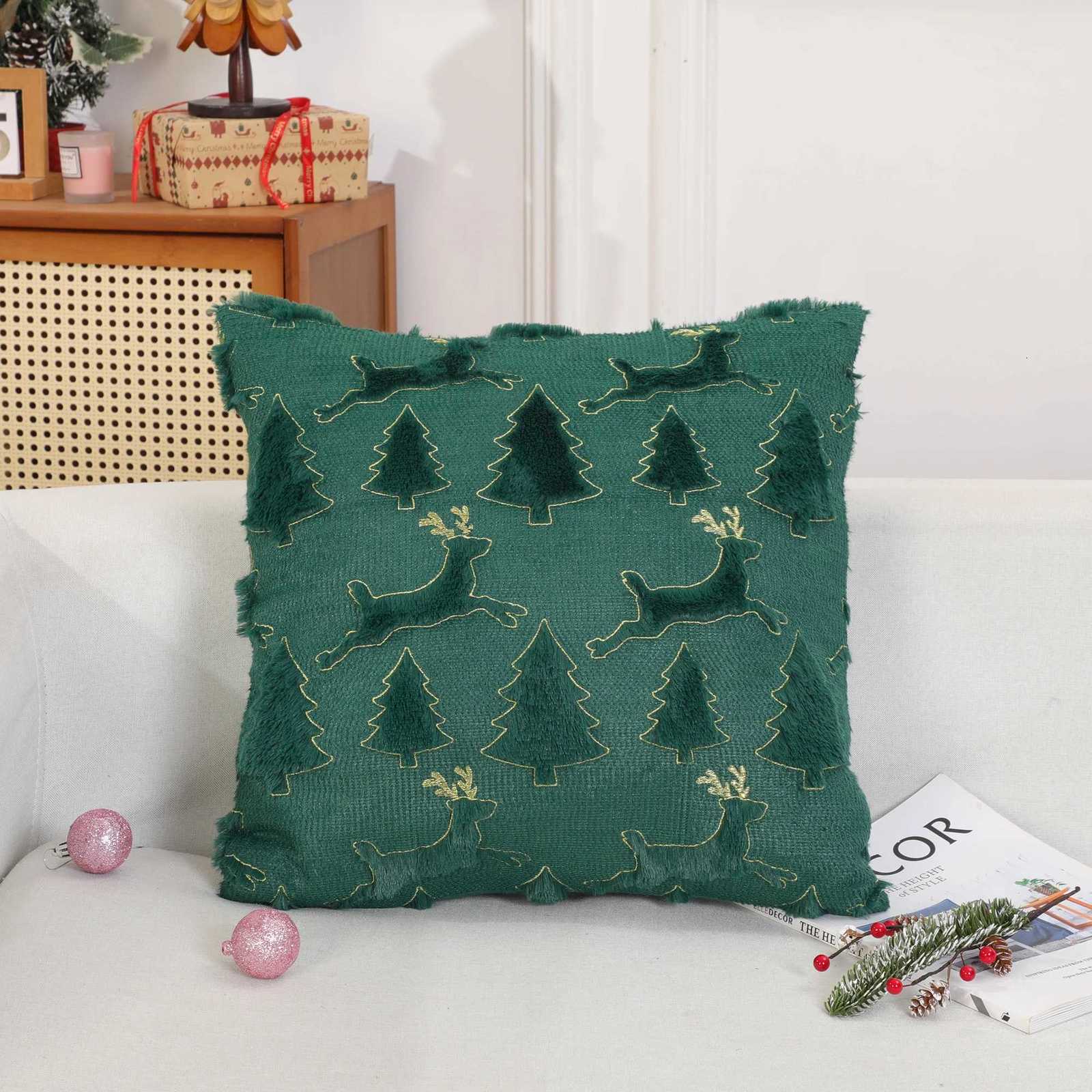 Christmas Plush Decorative Cushion Cover Soft Home Decor Xmas Living Room Sofa Throw Pillow Cover Embroidered Pillowcase 45x45 Y251105