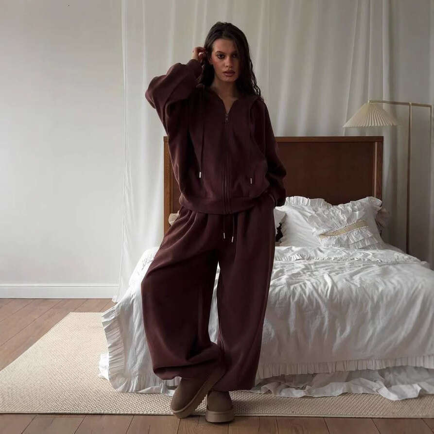 European American Fashion Casual Sleeve Hooded Sports Cardigan And Long Pants Two-Piece Set Women's Autumn Winter Cotton Sweatshirt B5