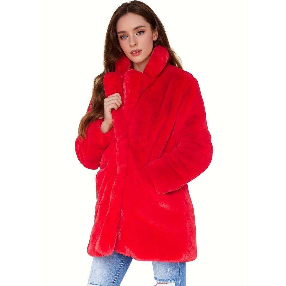Women's Elegant Mid-Length Faux Fur - Long Sleeve, Button-Up Front, Pockets, Non-Stretch Fabric, Solid Color, Winter Coat For Fall & Winter, Casu