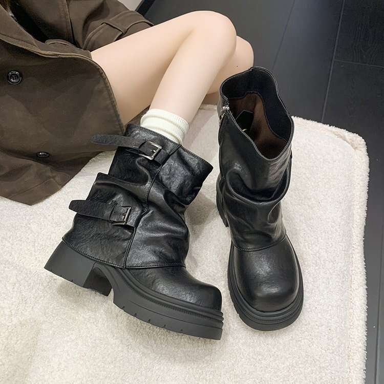 High Quality Fashion Two-Way Belt Buckle Cuff Short 2025 Autumn New Slimming Casual Slouchy Long Tube Riding Boots for Women Women's Leather Boot