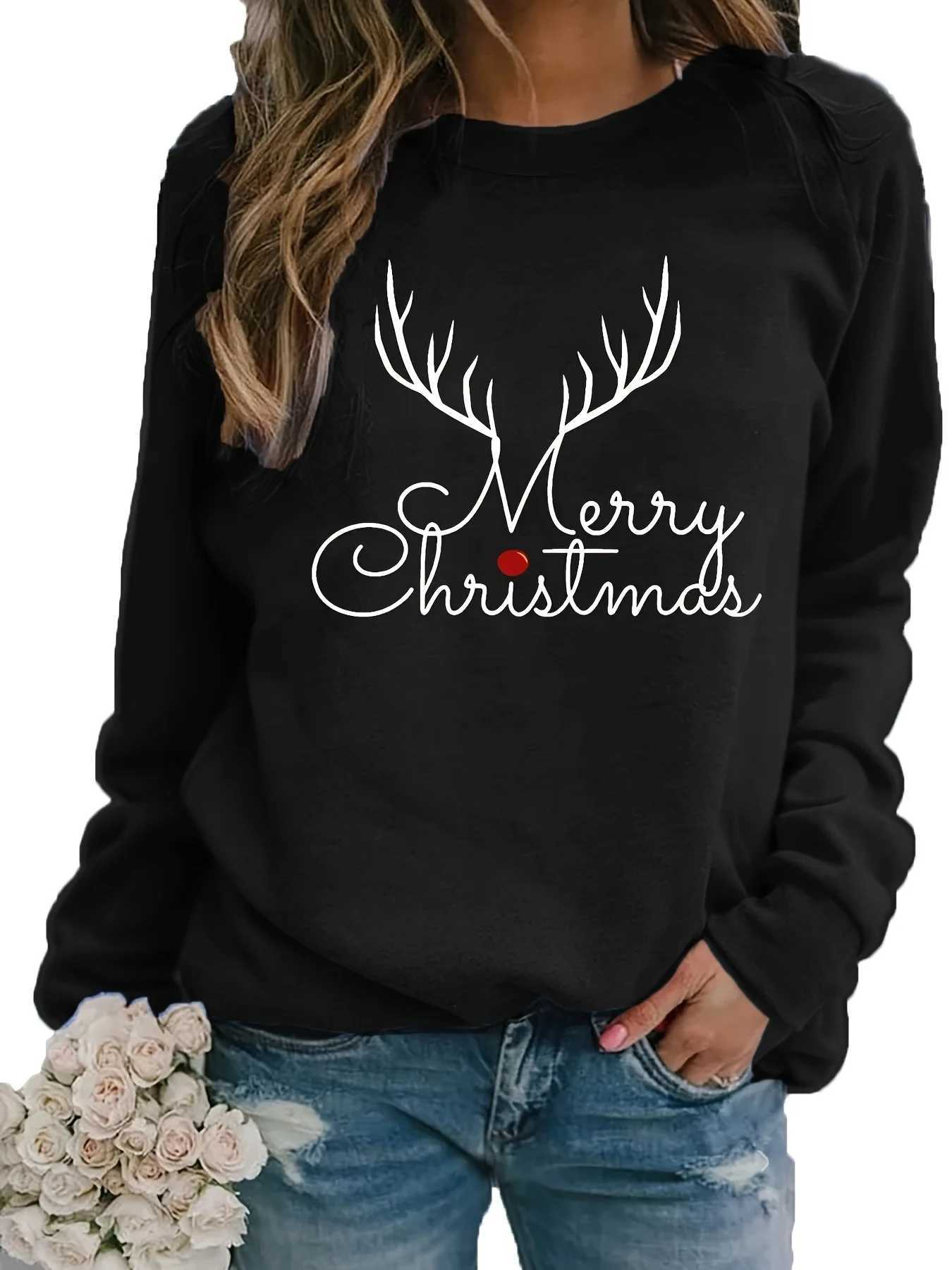 Womens autumn and winter casual loose warm Christmas print comfortable plus velvet long sleeved round neck sweatshirtT251105