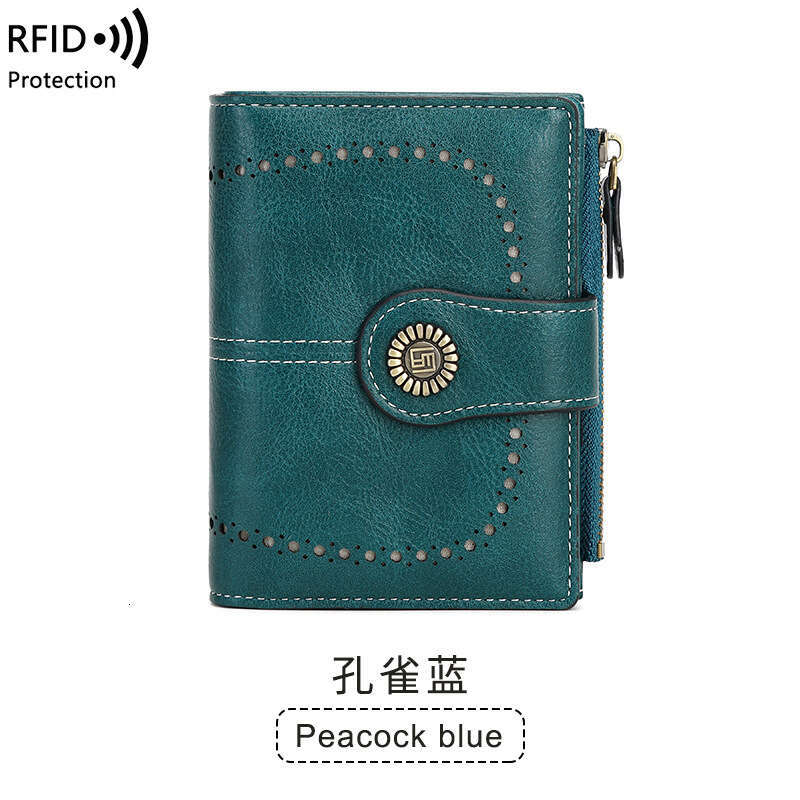 Cross-Border New RFID Anti-Theft Women's Multi-Card Slot Buckle Leather European and American Fashion Short Zipper Wallet
