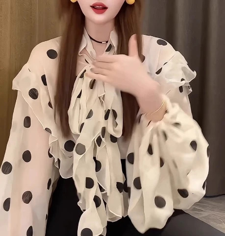Womens bow lace retro lantern long sleeved ultra-thin fashion polka dot mesh chiffon shirt sweetheart spring outfit 250402