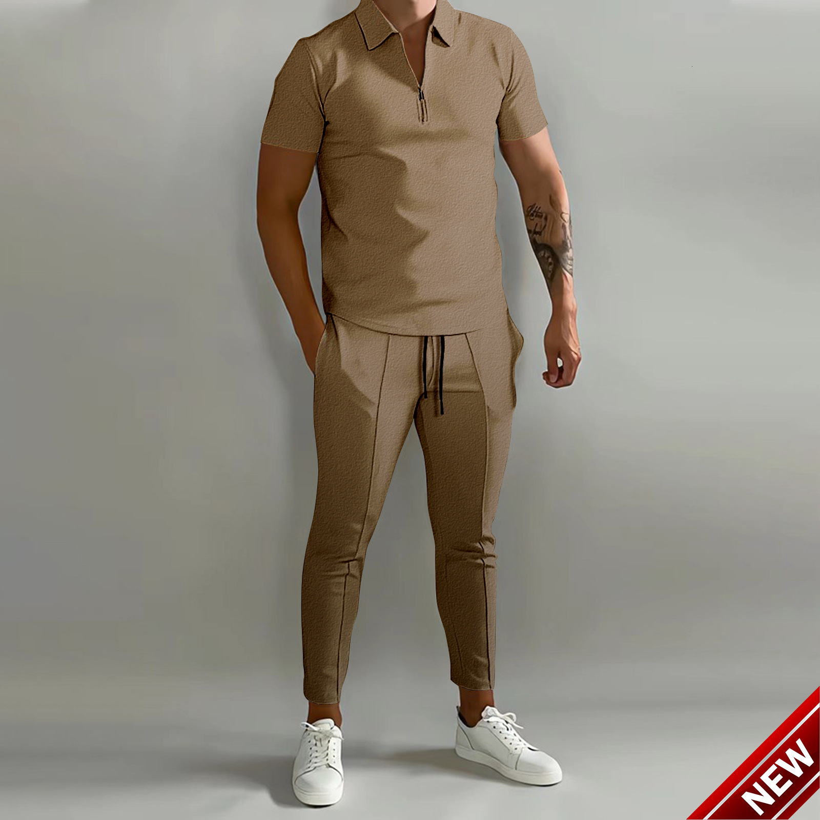 New mens 3D printed gradient short sleeved polo pants casual sports suit mens clothing