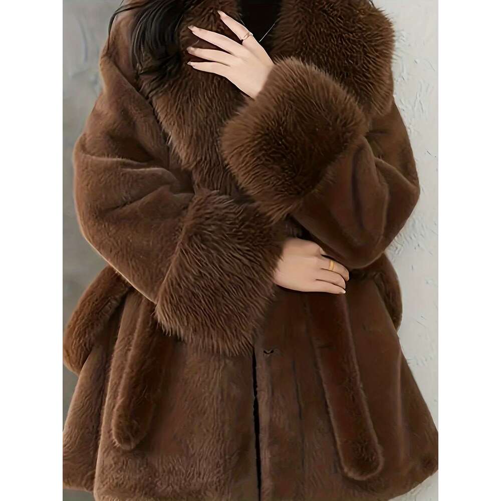 Plus Size Women's - Elegant V-Neck Long Coat With Lace-Up Front, Plush Faux Fur For Warmth, Chic Cold Weather Outerwear In ///Navy ///, Soft Lini