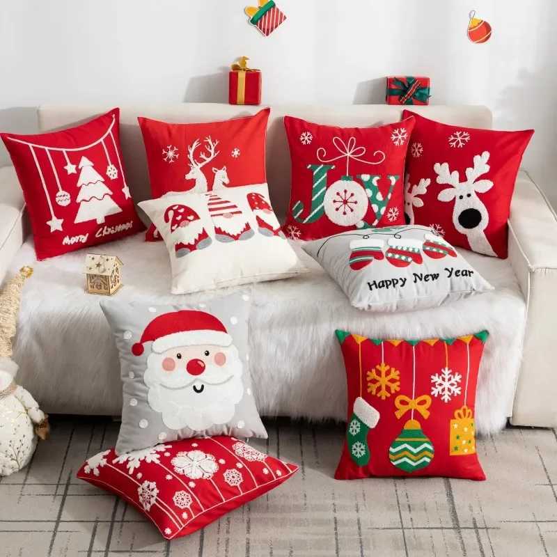 Christmas Pillow Cover Decorative Santa Claus Cartoon Printed Embroidered Pillow Cushion Cover Home Sofa Xmas Cushion Cover Y251105
