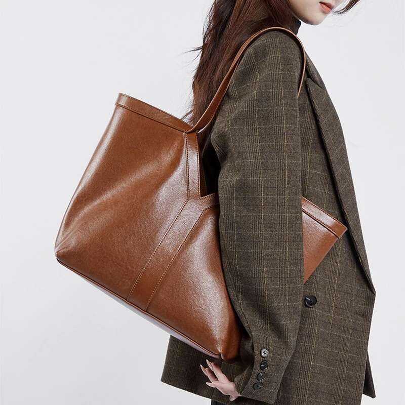 Cowhide Tote Bag With Matching Purse,Women's Underarm Genuine Leather Shoulder Bag,Niche Designer Large Capacity Handbag