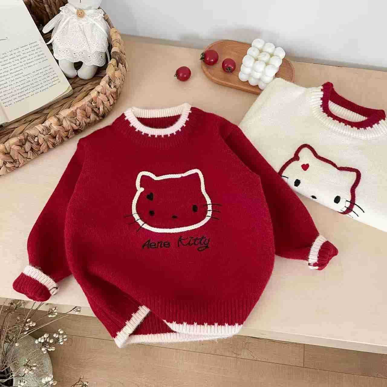 Sanrio Girls Autumn Winter Knitted Sweater 2025 New Style for Young Girls Childrens Round Neck KT Cat Knitted Pullover H251105
