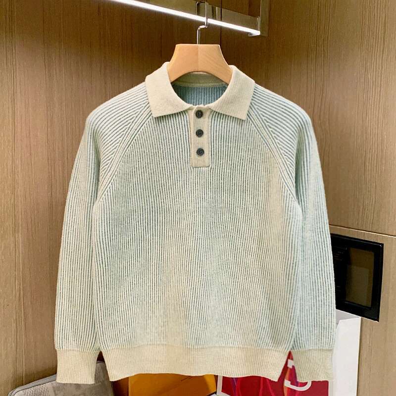 Autumn Lapel Solid Color Pullover Sweaters For Men Casual Knitted Sweater High Street Fashion Jumpers Knitwear A72