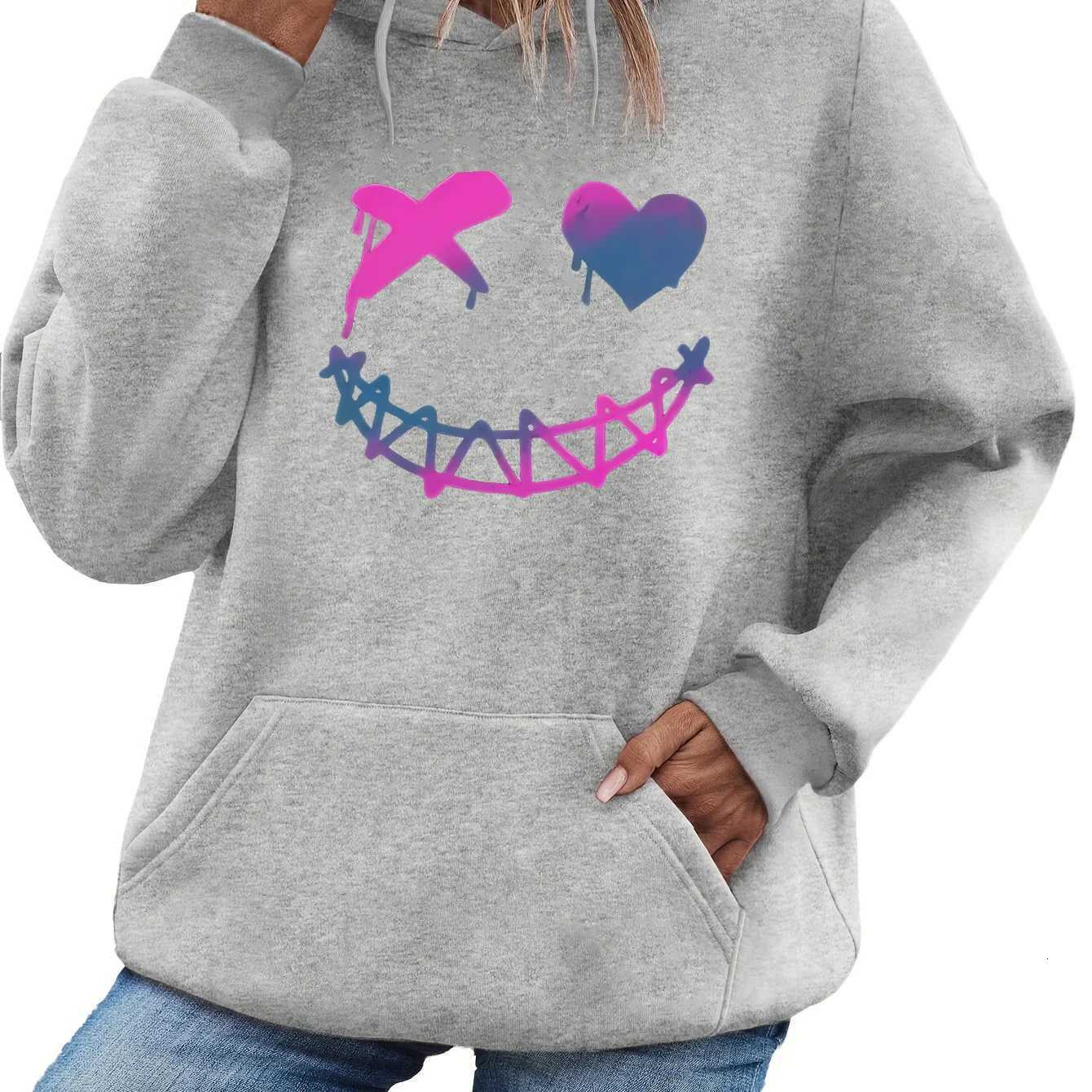 Womens autumn and winter fashionable casual loose smiling face printed round neck long sleeved drawstring hooded pulloverT251105