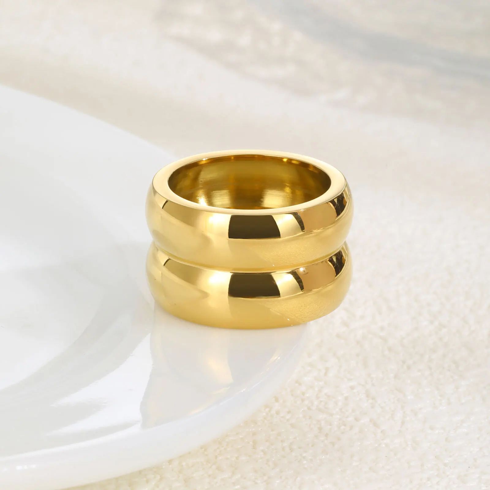 Vnox Smooth Gold Plated Wide Chunky Rings For Women MenStainless Steel Simple Double Layer RingsUnisex Jewelry Waterproof 251031