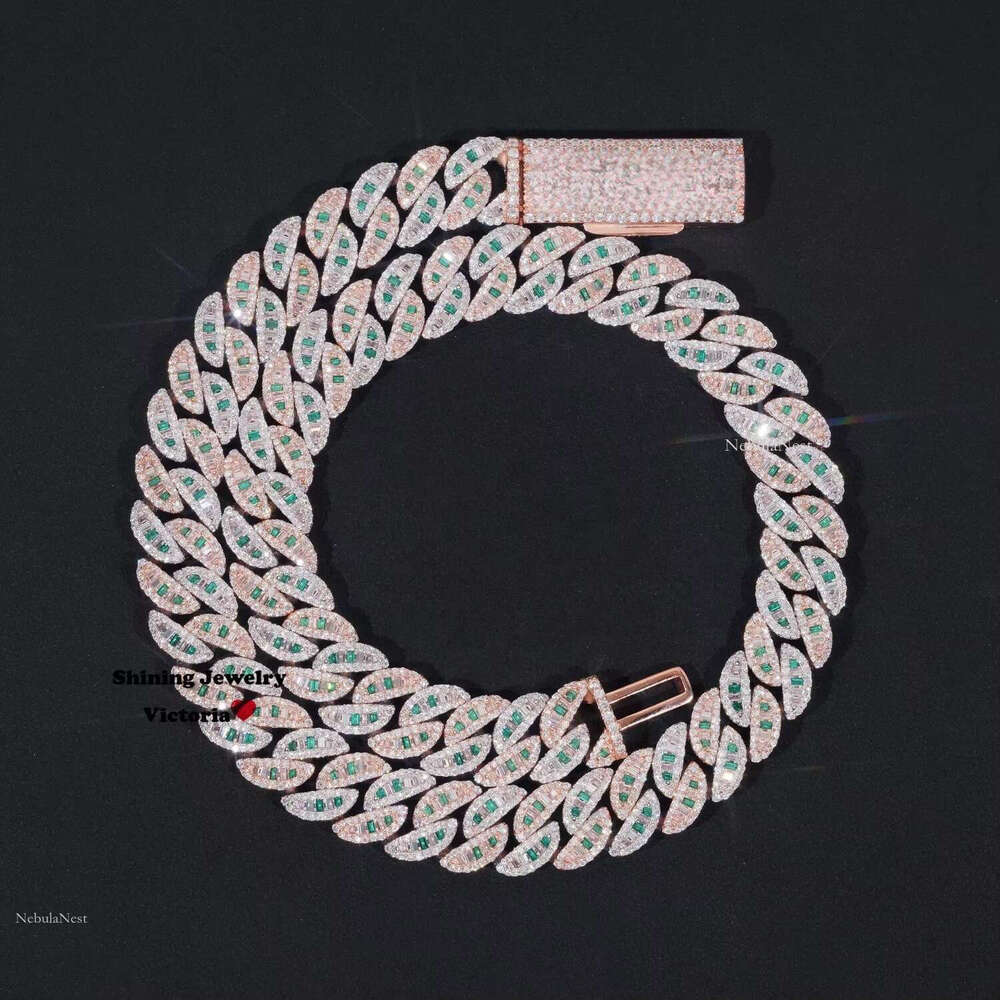 16mm Width Iced Out Sier Baguette Cut Color Mix White Moissanite Dia Miami Cuban k Chain