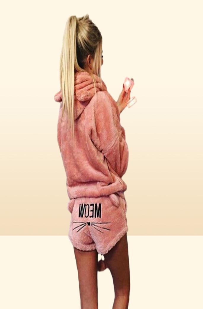 Women Winter Short Pajamas Hooded Designer Pyjama Set Hoodie Cat Print Shorts Pants Outfits Causal Pajamas Clothes Sets Home Cloth6729735