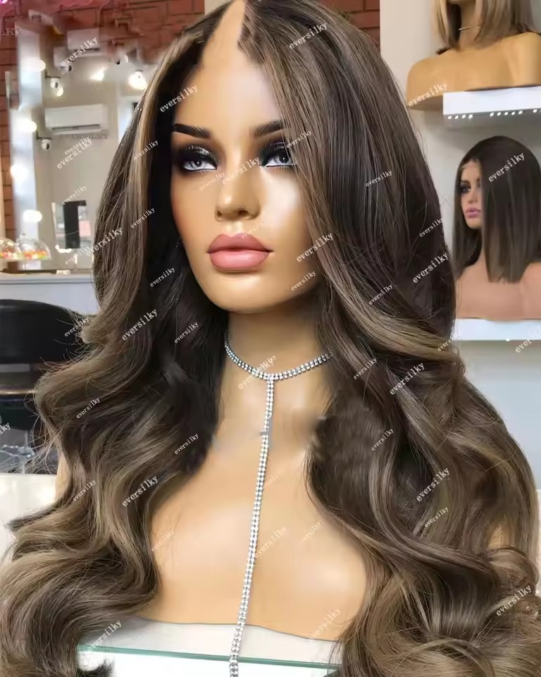 Brown blonde body wave ombre v part human hair wig glueless brown highlight blonde hairpiece wig for white women