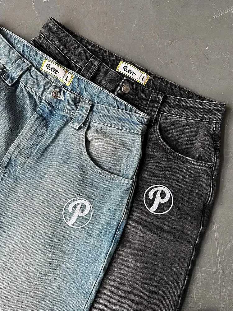 Y2K Protect Streetwear Hip Hop Jeans Mens Pants Harajuku Letter Embroidery Vintage Blue Baggy Jeans High Waist Wide Leg TrouserT251105