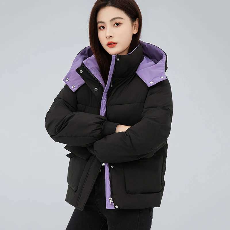Fashion Mixed Color Stand Colalr Parkas Women Winter Warm Hooded Cotton Padded Jacket Woman Zip Long Sleeve Down Cotton CoatsT251105