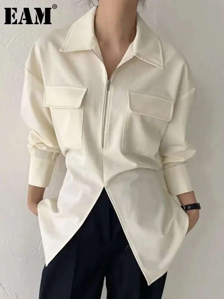 Women White Zipper Pocket Back Bandage Blouse New Lapel Long Sleeve Loose Fit Shirt Fashion Spring Autumn 2025 1Df1491