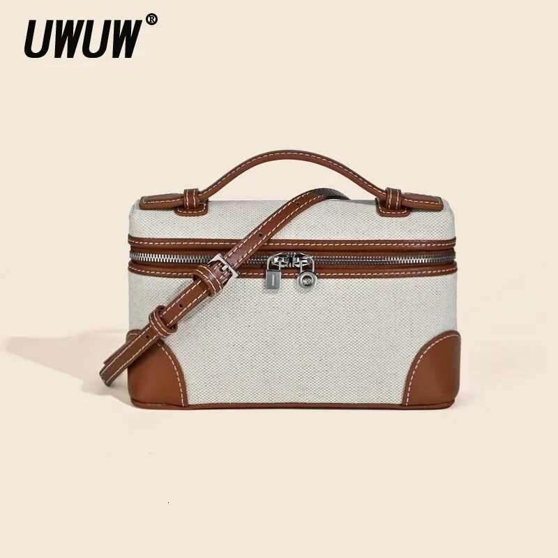 UWUW Women's Small Square Box 2025 Fashion Canvas Patchwork Leather Double Zipper Crossbody Single Bag High Quality