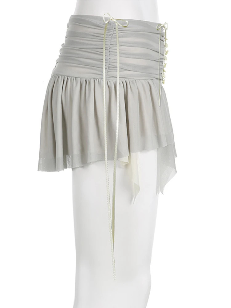 IAMSURE Vintage Folds Bandage A-Line Skirts Beach Style Slim Low-Waisted Super Mini Skirts Women 2025 Summer Fashion Streetwear 250402