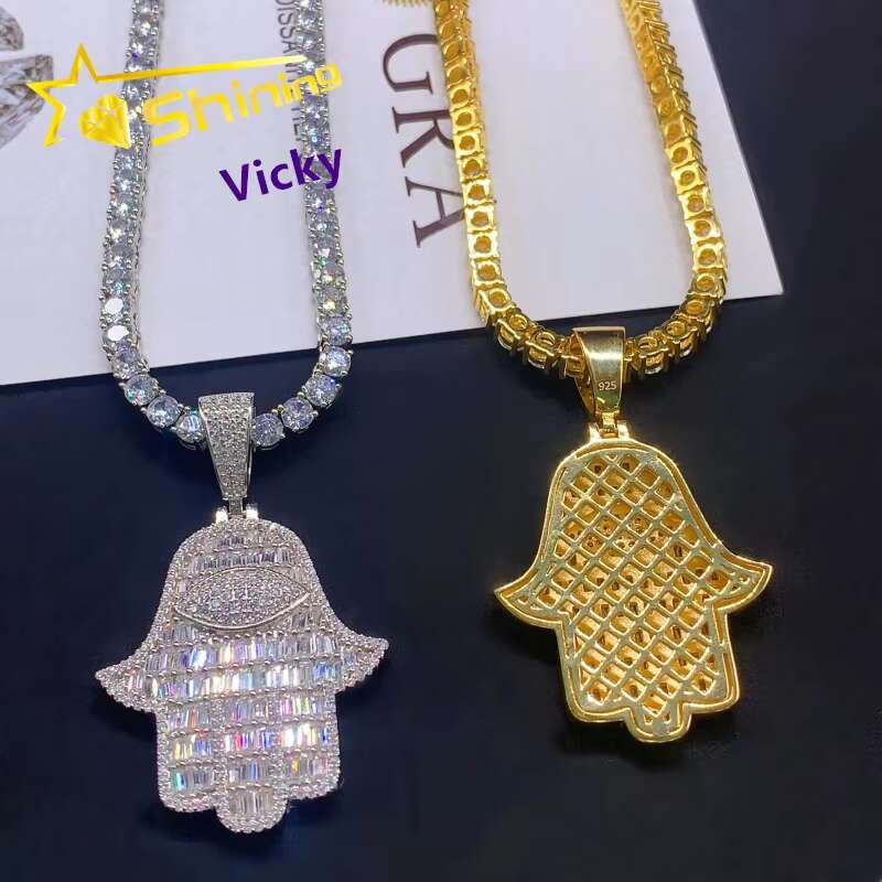 Shining Jewelry Ready to Ship 925 Sterling Silver Hip Hop Iced Out Vvs Moissanite Hamsa Pendant Necklace