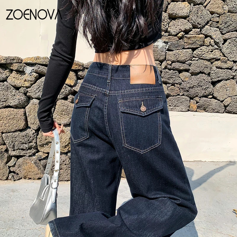Zoenova retro jeans womens high waisted ultrathin wide leg pants classic blue pocket street Y2K fashion fully matched denim shorts 250403