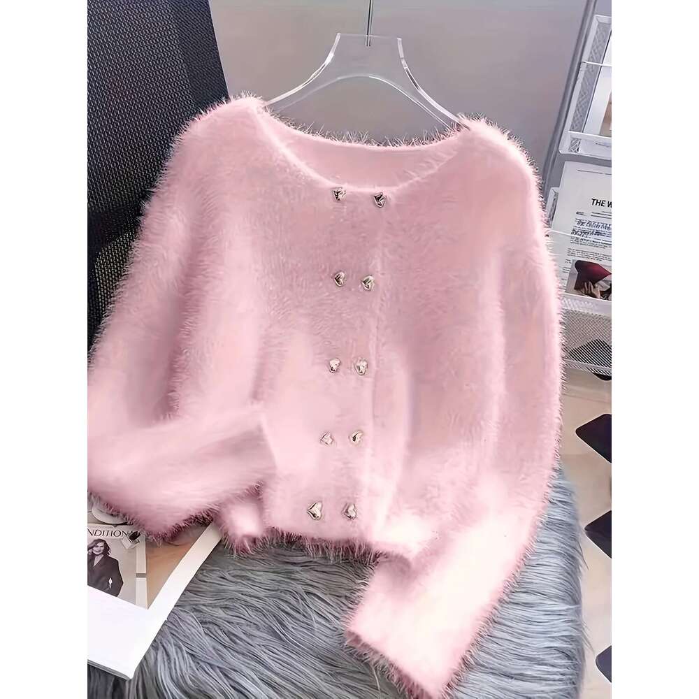 Elegant Fur Cardigan Plus Size Women's Elegant White Faux Fur-Lined Cardigan | Button-Front Sweater With Black Buttons, Round Neck Long Sleeve Fa