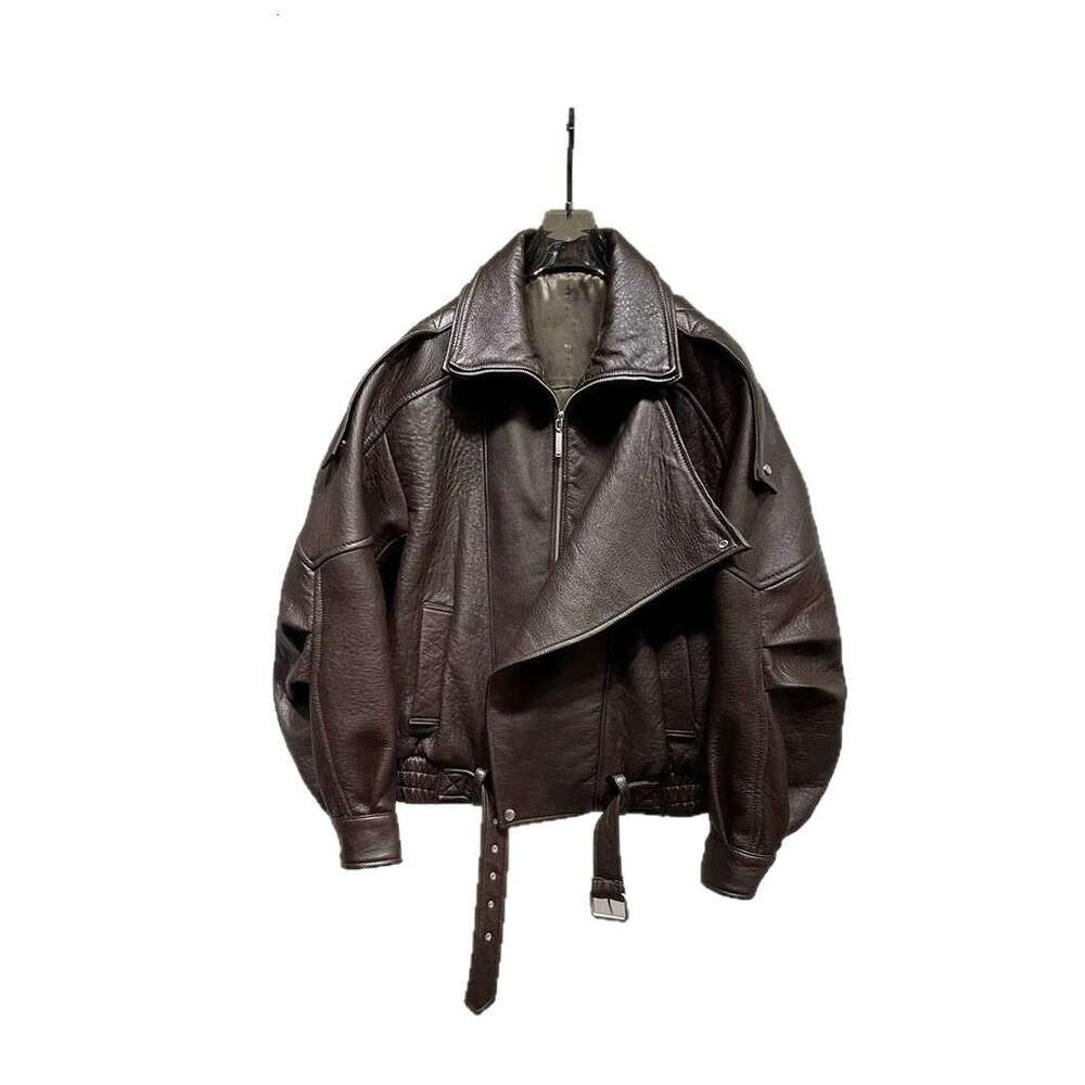 Cross-Border Lamb Motorcycle Loose PU Leather Jacket Oversize New High-End Simple Early Autumn Coat B5