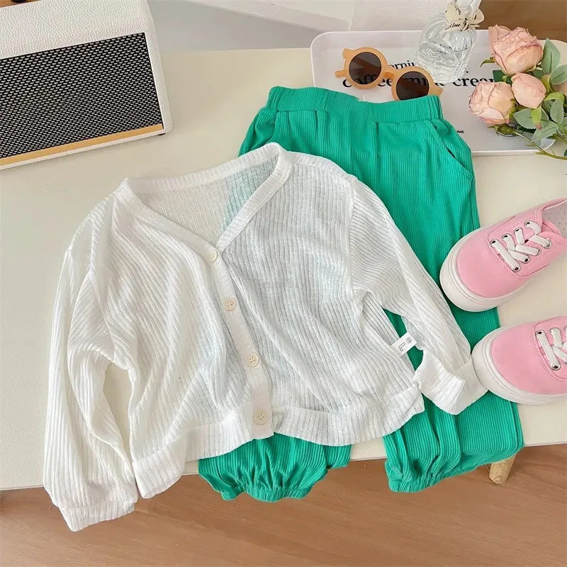 Girls summer thin cardigan wool sweater breathable outdoor childrens sunscreen set Coats solid baby air conditioning clothing 250325z