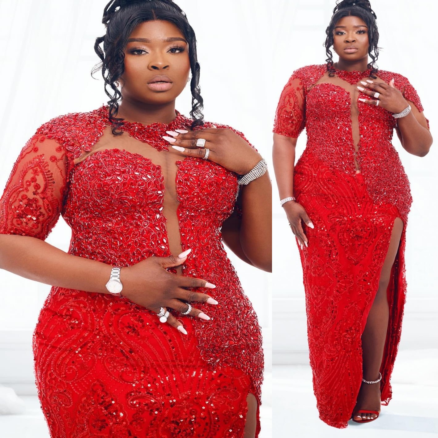 Sheath Red Prom Dresses 2026 Beaded Crystals High Split Sequined Evening Formal Party Second Birthday Engagement Gowns Plus Size Dress For Special Occ