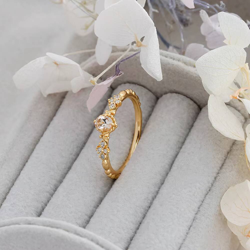 925 Sterling Silver 14K Gold Plated Gemstone Cz Zircon Retro Hollow Flower Pink Beryl Morganite Ring