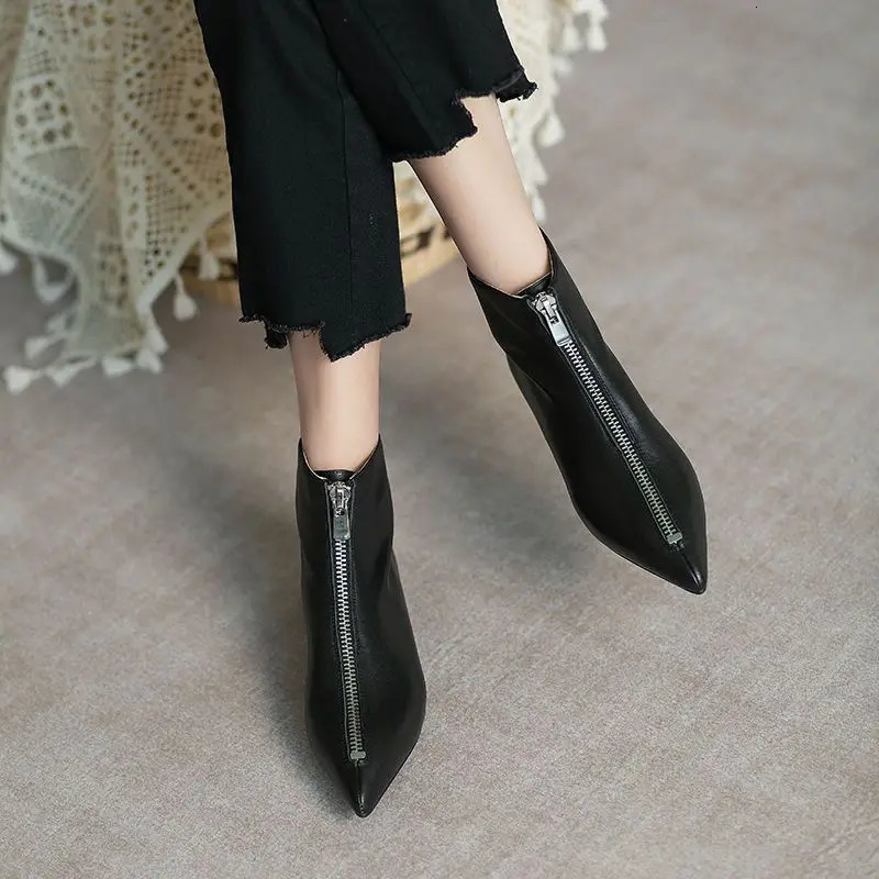 Leather Flat Short Shoes For Women Work Booties Black Footwear Female Ankle Boots Pointed Toe On Promotion Sale Comfortable P 251104