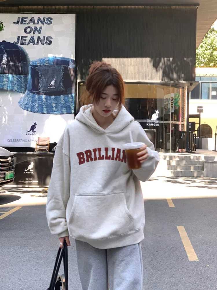 Oversize White Gray Hoodie Women Autumn Winter 2025 New American style Long sleeves Pullover Sweatshirt Y2K Tops Ladies clothingT251105